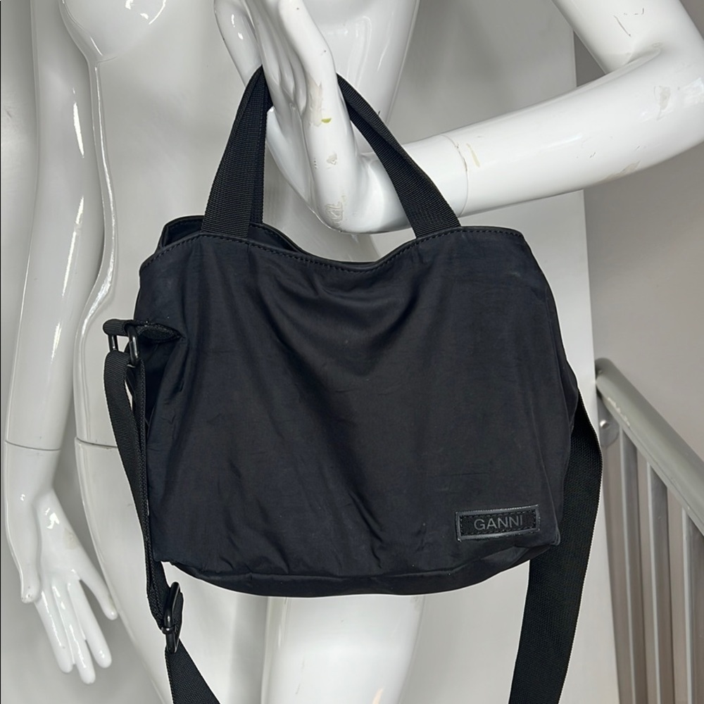 Ganni Black Nylon Recycled Triple Compartment Double Handle Crossbody Bag